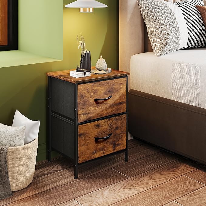 WLIVE Night Stand, Small Dresser with 2 Drawers & Wooden Top, Nightstand with Fabric Bins, Bedside Table End Table for Bedroom, Closet, Entryway, College Dorm, Rustic Brown
