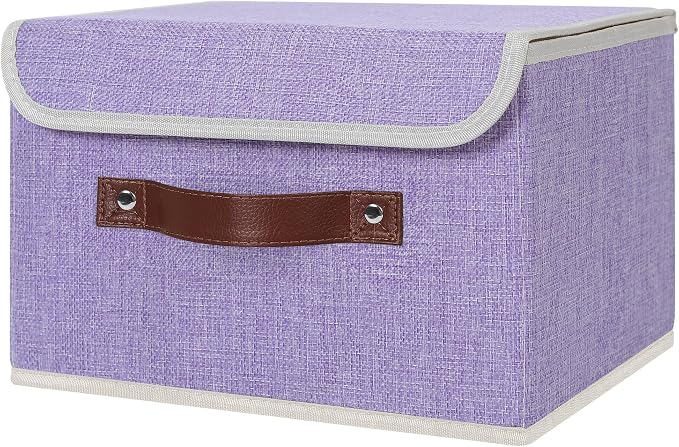 ANMINY 4PCS Storage Bins with Lid PU Leather Handles Storage Boxes PP Plastic Board Decorative Foldable Lidded Cotton Linen Fabric Home Cubes Baskets Closet Organizer Containers - Purple, Small Size - Image 5