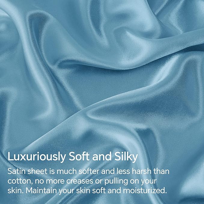 BEDELITE Satin Sheets Twin XL Size Bed Set, Luxury Soft Airy Blue Sheets for Hair and Skin, Similar to Silk Bed Sheets Set 3 Pieces with 1 Deep Pocket Fitted Sheet, 1 Flat Sheet, and 1 Pillowcase