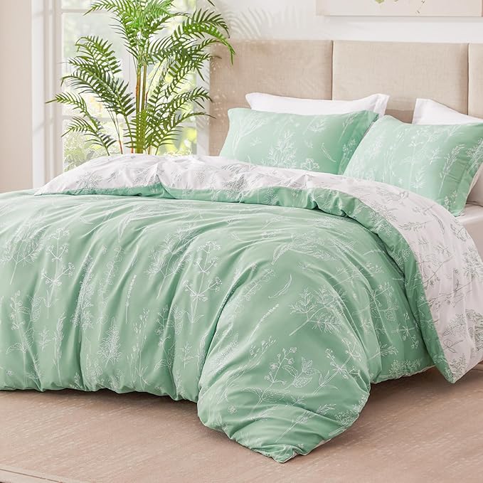 Love's cabin Comforter King Size Set - Sage Green King Comforter Set, 3 Pieces Cute Floral Bedding Sets for All Seasons,1 Soft Reversible Botanical Flowers Comforter and 2 Pillow Shams