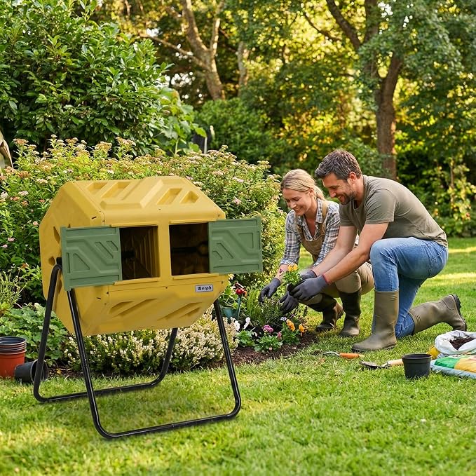 Werph Updated 43 Gallon Dual-Chamber Compost Bin, Fast Assembly Outdoor Compost Tumbler, Rotating Batch Composter Bin with Gloves for Garden, Kitchen, and Yard - Image 8