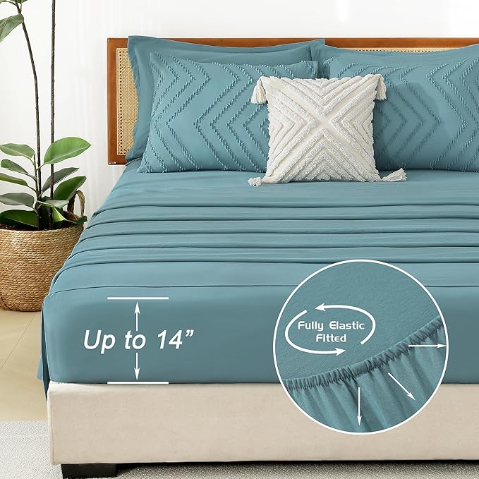 Litanika Oversized King Size Comforter Set with Sheets Grayish Teal - 7 Pieces Bed in a Bag Oversized King Boho Tufted Complete Bedding Sets with Comforter, Sheets, Pillowcases & Shams