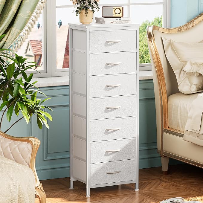 Huuger Tall Dresser for Bedroom, 7 Drawer Dresser & Chests of Drawers, Fabric Drawer for Closet, Bedroom, Night Stand, Metal Frame, Storage Tower with Fabric Bins, White - Image 5