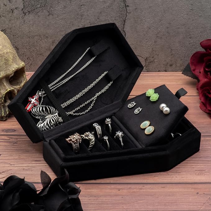 Velvet Coffin Jewelry Travel Case Holder for Gothic Wedding Ceremony Jewelry Organizer Decoration (Black 4 Grid) - Image 6