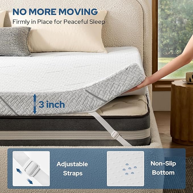 BEDLORE Queen Mattress Topper, 3 Inch Gel Memory Foam Mattress Pad with Straps for Back Pain Relief, Medium-Firm Bed Topper, Breathable & Non-Slip with Removable Washable Cover