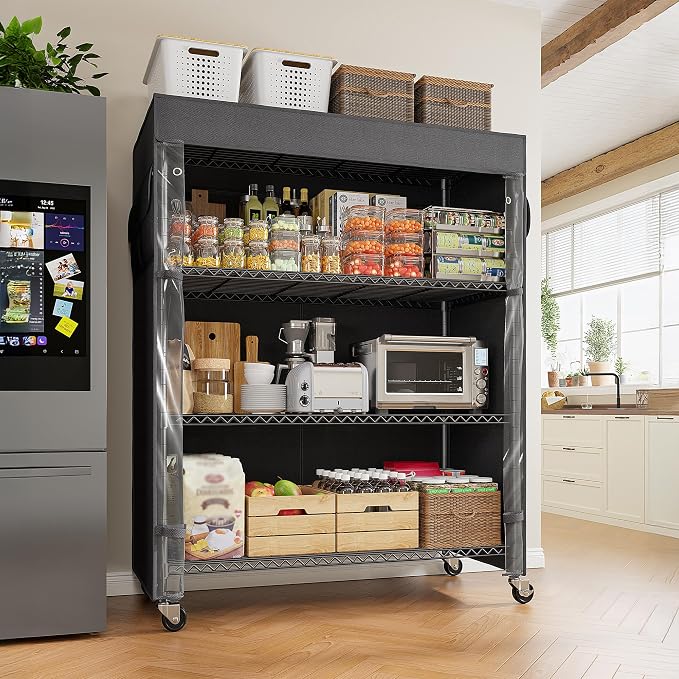 REIBII 4-Tier Storage Shelves Wire Shelving Unit with Cover & Wheels, Heavy Duty Metal Shelving for Dorm Storage Shelves, Garage Storage Rack Commercial Shelf, Pantry, Kitchen, 36" W*14.3" D*56.5" H - Image 9