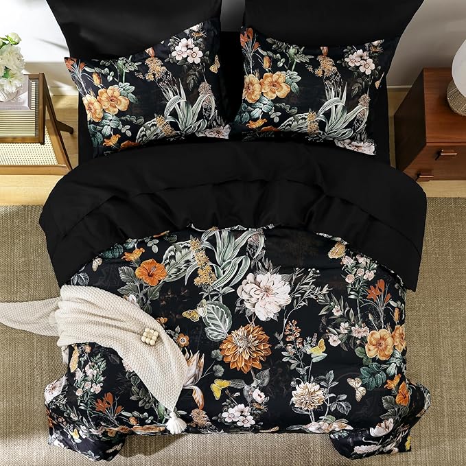 WONGS BEDDING Black Comforter Set Queen, 7 Pieces Bed in a Bag Botanical Floral Comforter Bedding Set, Soft Microfiber Comforter with Flat Sheet, Fitted Sheet, Pillow Shams, Pillowcases