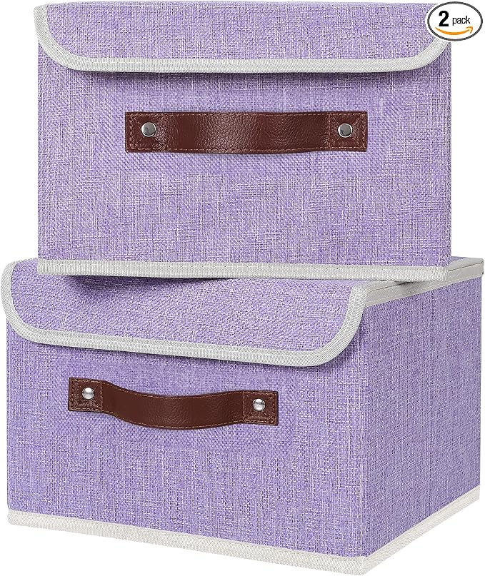 ANMINY 2PCS Storage Bins with Lid PU Leather Handles Storage Boxes PP Plastic Board Decorative Foldable Lidded Cotton Linen Fabric Home Cubes Baskets Closet Organizer Containers - Purple, Small Size by ANMINY