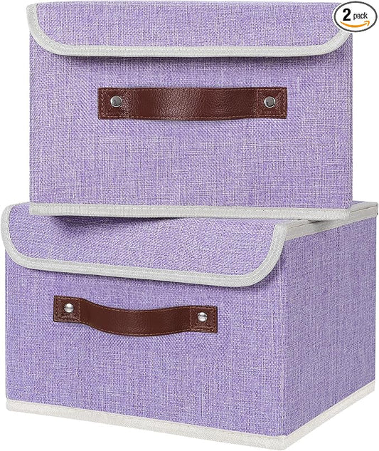 ANMINY 2PCS Storage Bins with Lid PU Leather Handles Storage Boxes PP Plastic Board Decorative Foldable Lidded Cotton Linen Fabric Home Cubes Baskets Closet Organizer Containers - Purple, Small Size by ANMINY