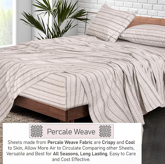 RUVANTI 100% Cotton Sheets – Full Size Percale Bedding, Cooling & Breathable Floral Design, Durable with a Crisp, Soft & Comfortable Feel, 16" Deep Pocket, 4-Piece Set, Brown Stripes