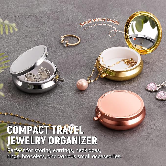 Mini Travel Jewelry Box with Built-In Mirror, Ultra-Portable Jewelry Holder for Rings, Necklaces, Earrings, Pills, Tea Bags, Small Accessories, Press-to-Open Multifunctional Storage (Silver) - Image 4