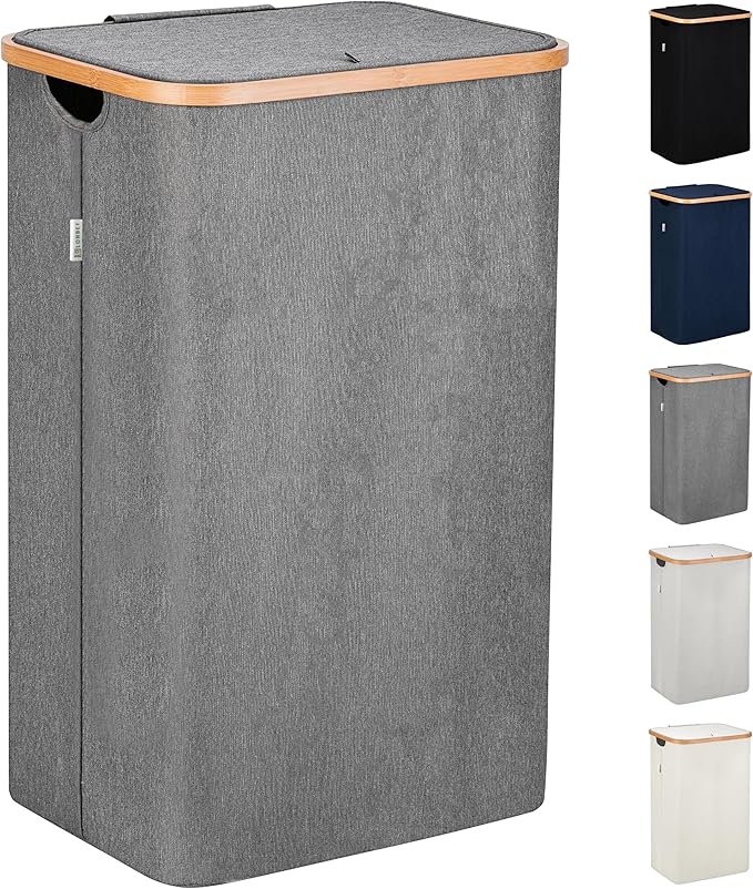 LONBET Laundry Basket with Lid, Made from Breathable Fabric | Aesthetic Clothes Hampers for Laundry with Side Handles & Sturdy Bamboo Frame (26 Gallons - Single, Gray) by Lonbet