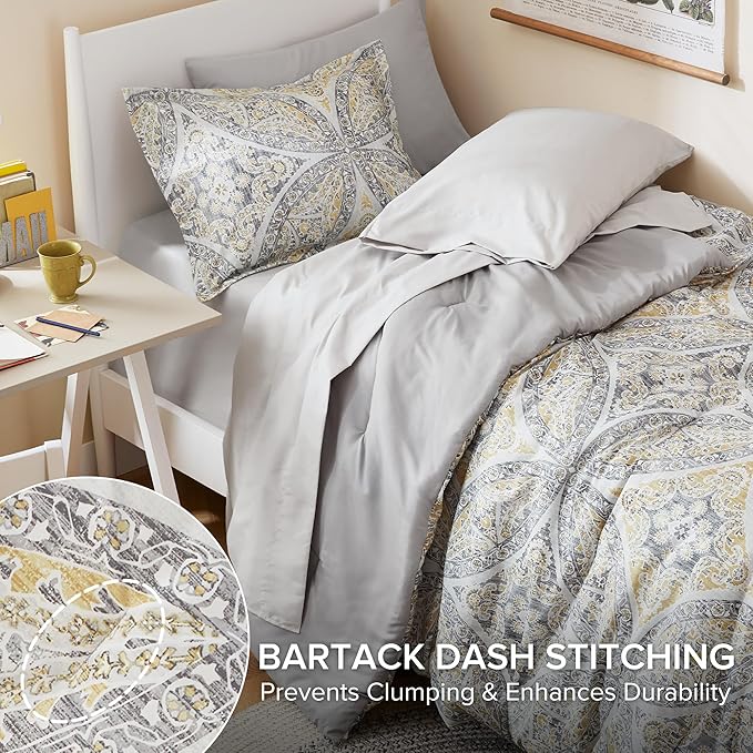 Comfort Spaces Bed in A Bag Comforter Set - Trendy Casual Design Twin XL Comforter with Complete Sheet Set with Side Pocket, All Season Comforter, Shams, Gloria, Twin XL Grey/Yellow 6 Piece
