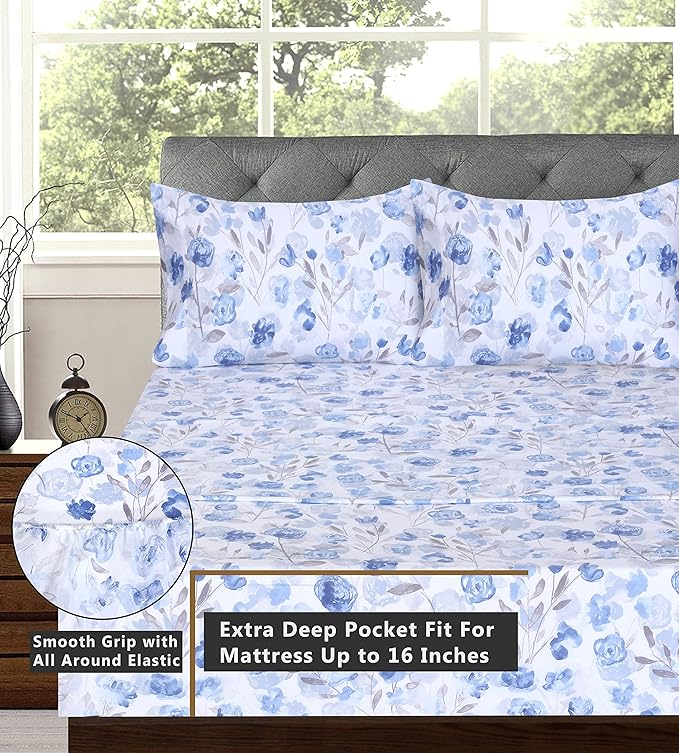 RUVANTI 100% Cotton Sheets – King Size Percale Bedding, Cooling & Breathable Floral Design, Durable with a Crisp, Soft & Comfortable Feel, 16" Deep Pocket, 4-Piece Set, Monotones