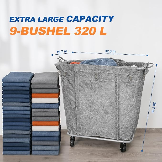PLKOW Laundry Cart with Wheels 320L Large Rolling Laundry Cart for Commercial/Home, Rolling Laundry Basket with Steel Frame and Waterproof Lining, 9 Bushel, 32.3L x 19.7W x 30.7H Inch, Grey - Image 2