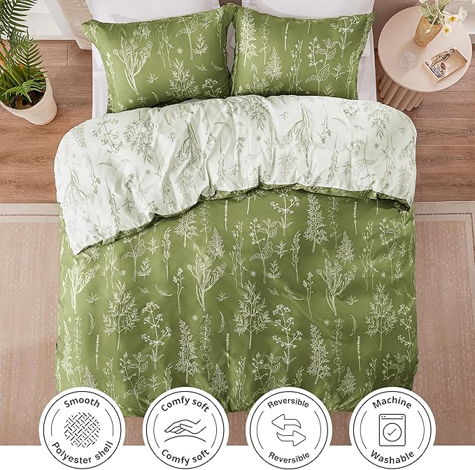 Love's cabin Olive Green Twin Comforter Set - Twin XL Size Comforter Set Dorm Bedding, 2 Pieces Cute Floral Bedding, Soft Reversible Flowers Comforter, 1 Comforter & 1 Pillow Sham