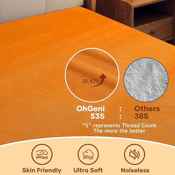 OhGeni 100% Waterproof Mattress Protector, Queen Size Orange, Fitted Sheet with Deep Pockets, 6''-18'', Premium Noiseless Breathable Soft Material, Mattresses Cover for Bed