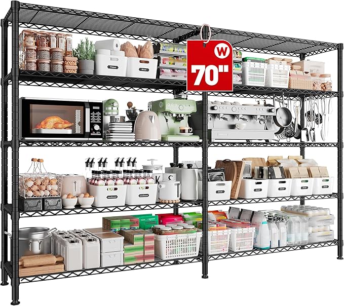 REIBII 70" W Storage Shelves Load 1600LBS,Metal Shelving 5-Tier Wire Shelving Unit Garage Shelving for Storage Adjustable Metal Shelves for Pantry Kitchen Garage Commercial, 70" W*15.8" D*72.4" H by REIBII