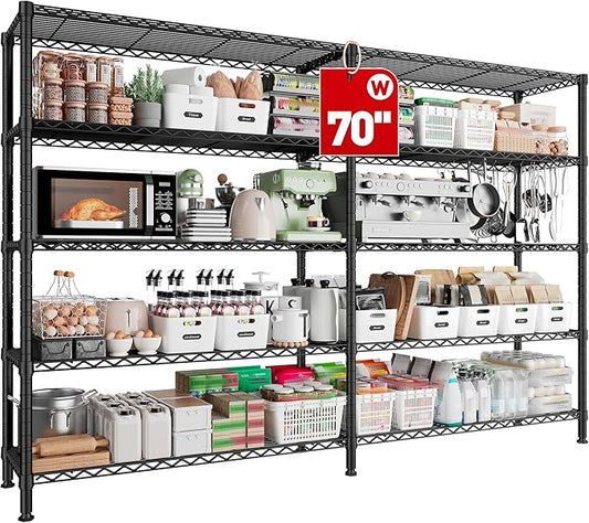 REIBII 70" W Storage Shelves Load 1600LBS,Metal Shelving 5-Tier Wire Shelving Unit Garage Shelving for Storage Adjustable Metal Shelves for Pantry Kitchen Garage Commercial, 70" W*15.8" D*72.4" H by REIBII
