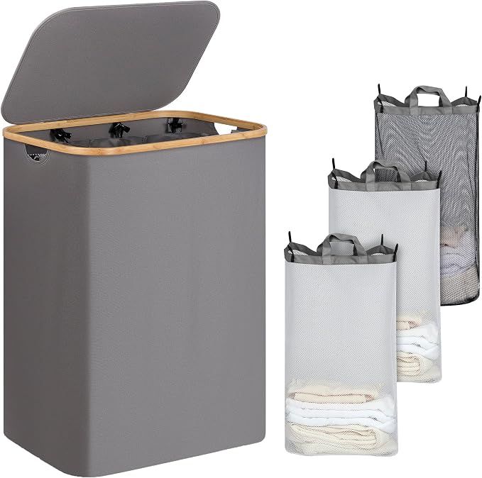 iEGrow Laundry Basket with Lid, 160L Laundry Hamper with Bamboo Handle,Clothes Basket Organizer with Removable Inner Bag for Clothes Toys Towels,Light Grey by iEGrow