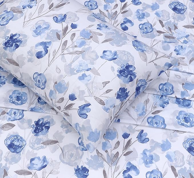 RUVANTI 100% Cotton Sheets – King Size Percale Bedding, Cooling & Breathable Floral Design, Durable with a Crisp, Soft & Comfortable Feel, 16" Deep Pocket, 4-Piece Set, Monotones