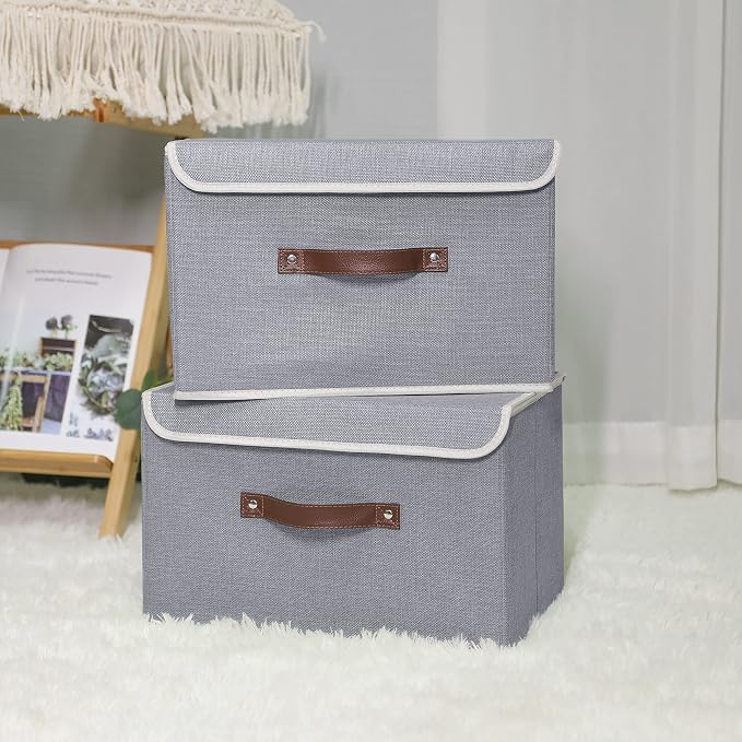 ANMINY 2PCS Storage Bin with Lid Storage Boxes with PU Leather Handles PP Plastic Board Decorative Foldable Lidded Cotton Linen Fabric Home Cubes Baskets Closet Organizer Container - Gray, Medium - Image 2