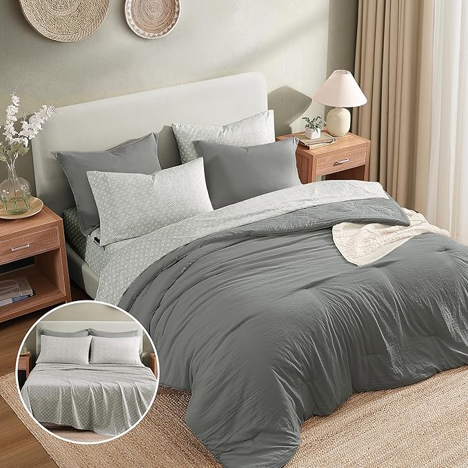 Monbix Queen Comforter Set - 7 Pieces Granite Grey Prewashed Bed in a Bag Queen Bedding Sets with Comforters, All Seasons Ultra Soft Comforter Bed Set with Sheets,Pillowcases & Shams