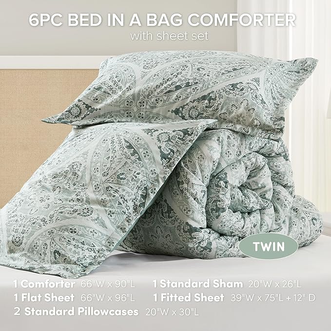 Comfort Spaces Bed in A Bag Comforter Set - Trendy Casual Design Twin Comforter with Complete Sheet Set with Side Pocket, All Season Comforter Twin, Shams, Gloria, Twin Green 6 Piece
