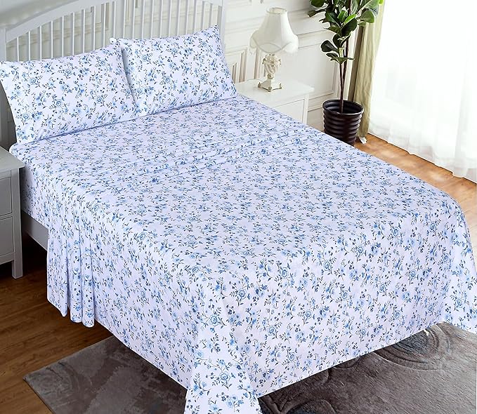 RUVANTI 100% Cotton Sheets – King Size Percale Bedding, Cooling & Breathable Floral Design, Durable with a Crisp, Soft & Comfortable Feel, 16" Deep Pocket, 4-Piece Set, Annual