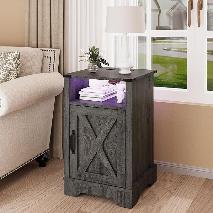 RoyalCraft 25" Tall LED Nightstand with Charging Station, Farmhouse Nightstand with Led Lights, Wooden Rustic Side Table for Bedroom, Dark Grey End Table with Storage