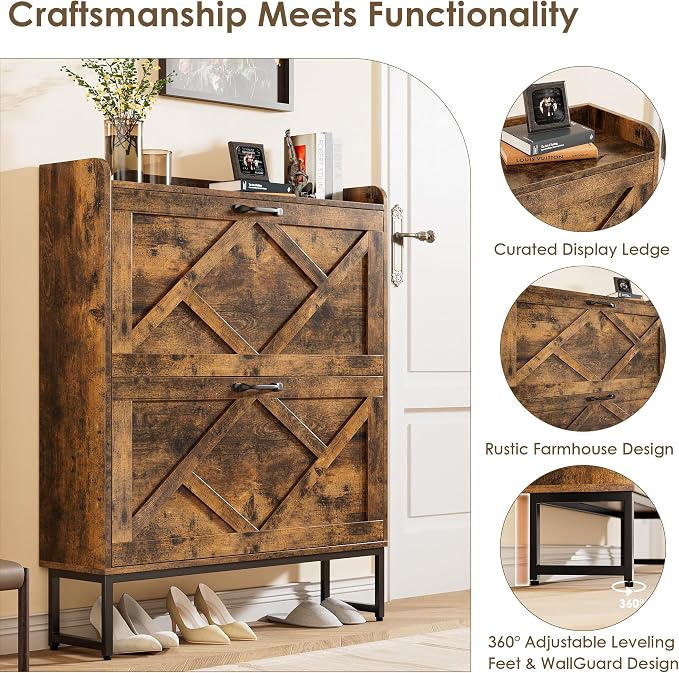 Nicetree Shoe Cabinet Organizer with 2 Flip Drawers, Freestanding Narrow Rack with Metal Legs, Farmhouse Slim Shoe Storage for Entryway, Foyer, Hallway, Rustic Brown - Image 6