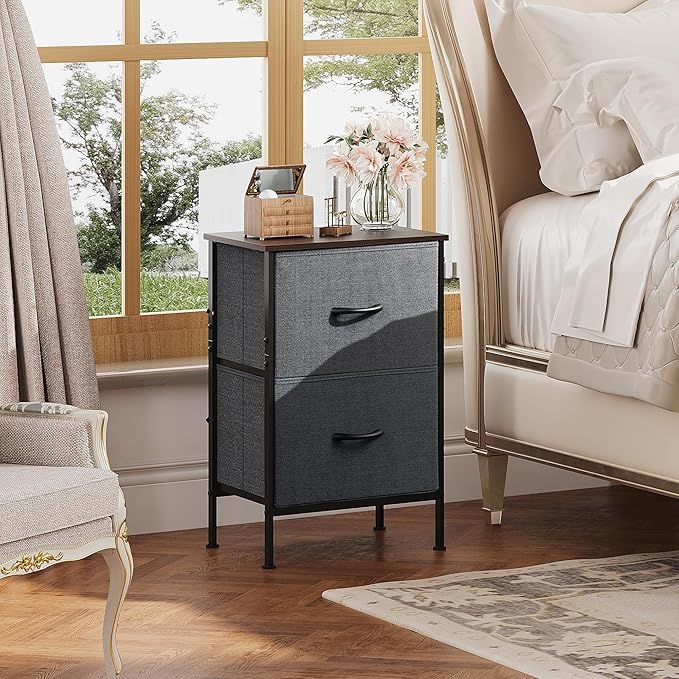 WLIVE Night Stand Set 2, Dresser and Nightstand Sets, Nightstands for Bedroom with 2 Fabric Drawer, End Tables Bedroom Furniture Set, Closet, College Dorm, Dark Grey