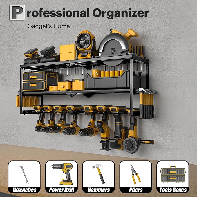 Spampur Power Tool Organizer Wall Mount, 15 Min Assembly & Maximum 100lb load by Heavy Duty Metal, 8 Drill Holder, 3 Layers Garage organization and Storage Rack, Tool Shelf With Battery Holder - Image 2