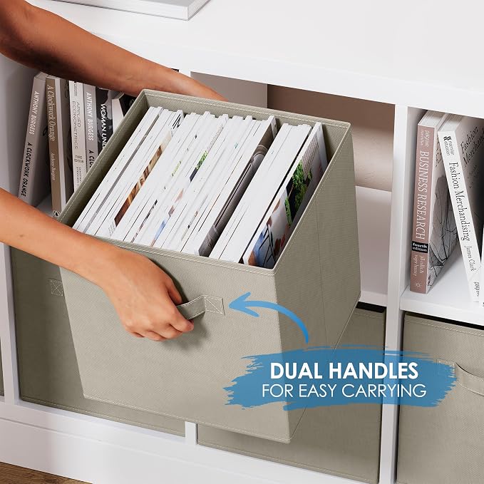 Set of 8 Foldable Fabric Storage Cube Bins | Collapsible Cloth Organizer Baskets Containers | Folding Nursery Closet Drawer | Features Dual Handles | More Beautiful Colors Available (Off White) - Image 4