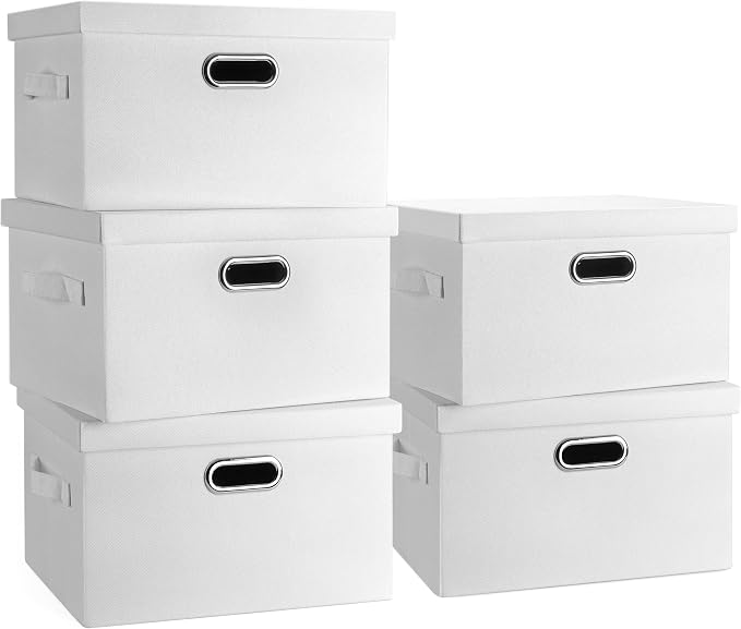 Graciadeco Medium 15" 21 Quart Collapsible Stackable Storage Bins with Lids, 5 Packs White Foldable Fabric Closet Storage Boxes with Lids, Lidded Heavy-duty Linen Baskets(15x11x8) by GraciadecoStorage