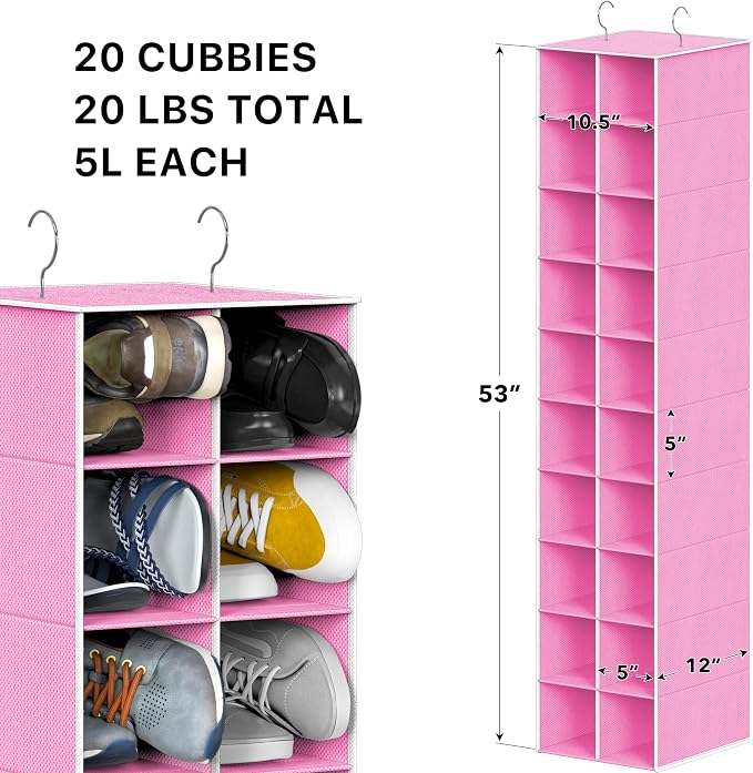 Simple Houseware 20 Section Shelves Hanging Shoes Organizer Holder for Closet, Pink - Image 3