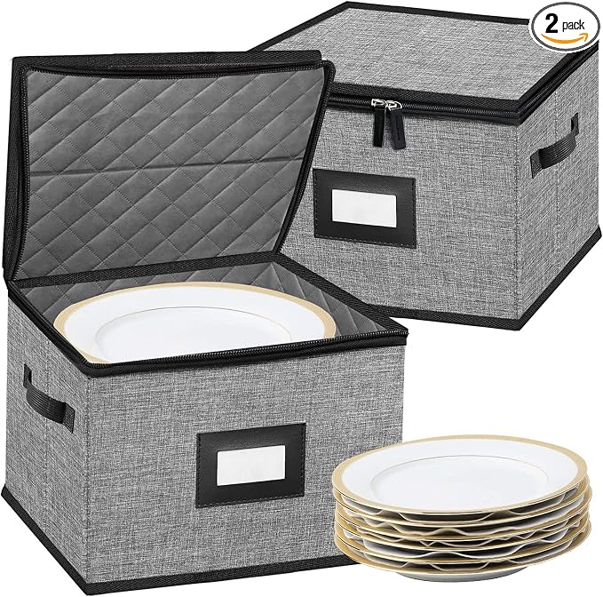 China Storage Containers-Quilted Dish Storage Containers with Lid Hard Shell for Moving Transport, Dinnerware Storage,Stackable Plate Storage,24 Felt Plate Dividers Included,2PACK 12*12*8in by OURUER