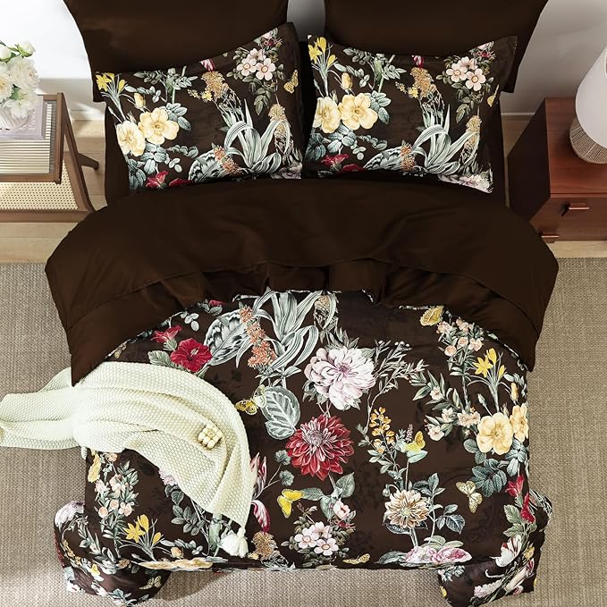 WONGS BEDDING Brown Comforter Set Queen, 7 Pieces Bed in a Bag Botanical Floral Comforter Bedding Set, Soft Microfiber Comforter with Flat Sheet, Fitted Sheet, Pillow Shams, Pillowcases