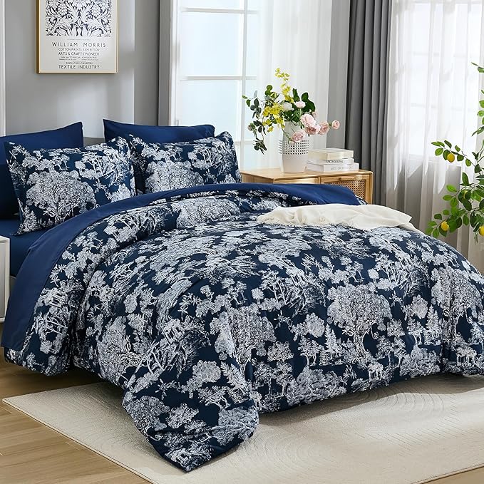 DJY King Size Comforter Sets, 7 Pieces Bed in a Bag King Dark Blue Botanical Comforter Set with Sheets, White Elegant Plants Print Soft Microfiber Reversible Complete Bedding Sets for All Season