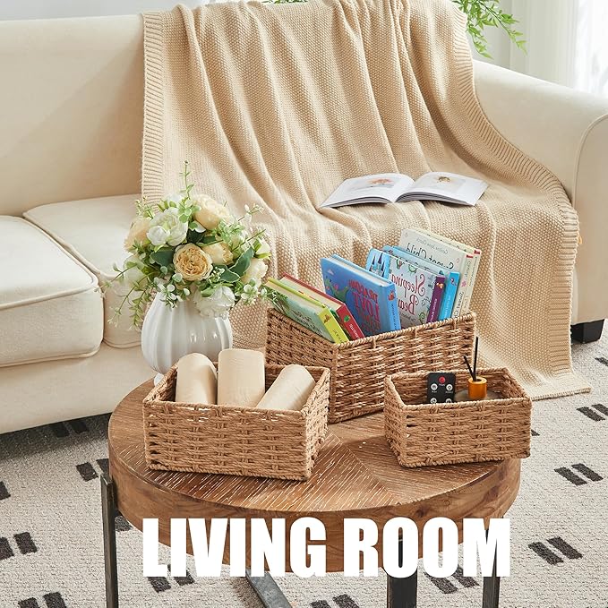 Small Wicker Basket for Organizing, Woven Storage Basket Set of 3 - Handwoven Natural Paper Rope Baskets to Declutter Any Room, Perfect for Organizing and Home Decor - Image 2