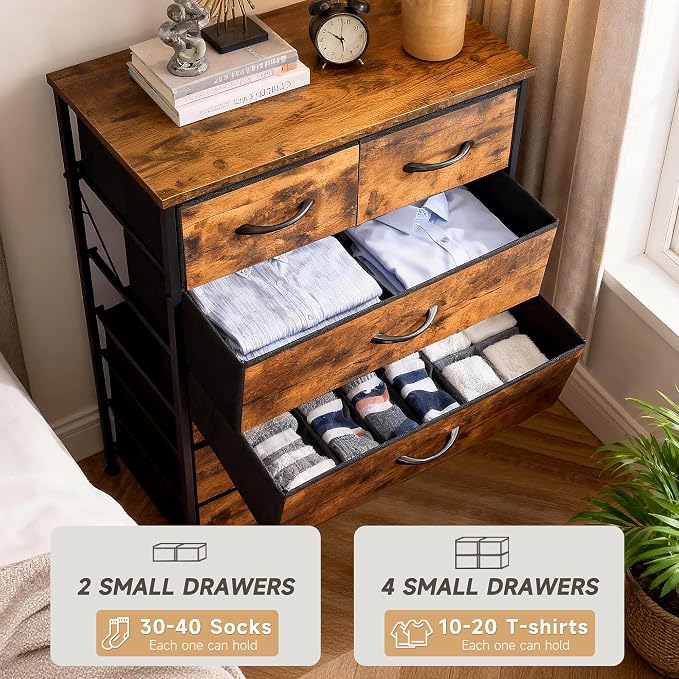 Mifuro Tall Dresser for Bedroom, Vertical Storage Organizer Tower with 6 Drawers, Chest of Drawers with Fabric Bins, Steel Frame, Wood Top for Bedroom, Closet, Entryway- Rustic Brown - Image 5