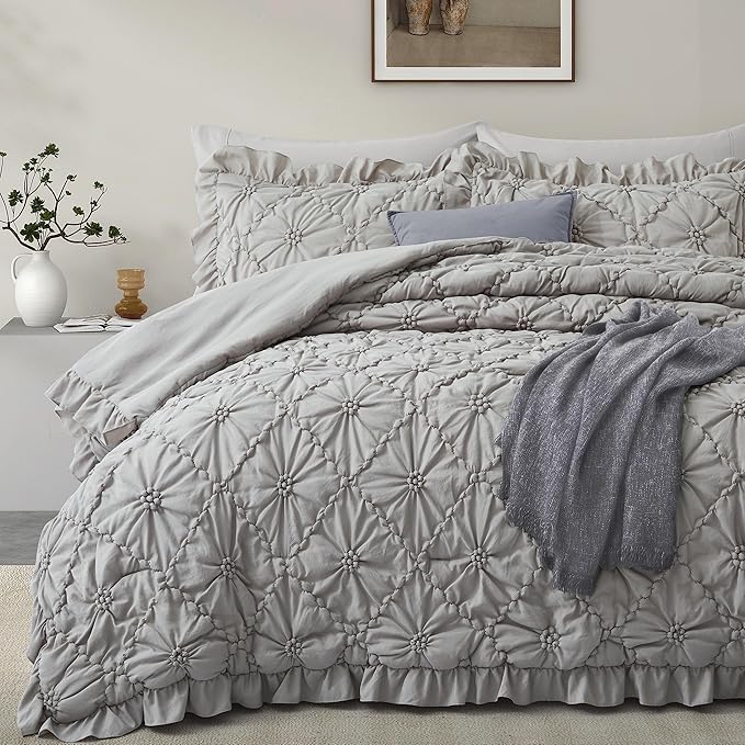 BEDAZZLED Twin Size Comforter Sets, Grey Bedding Comforter Set, 2 Pieces Pinch Pleat Bedding Sets with Comforter and Pillowcases Soft Farmhouse Shabby Chic Comforter for All Season