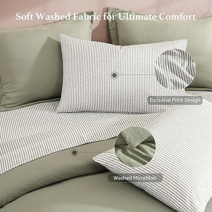 Monbix Super King Plus Size Comforter Set - 7 Pieces Green Prewashed Bed in a Bag Bedding Sets with Comforters, All Seasons Ultra Soft Comforter Bed Set with Sheets, Pillowcases & Shams