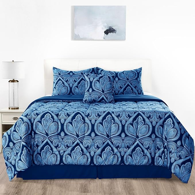 LUX Décor Reversible 5pc Queen Comforter Set, Printed Bedding Set, Microfiber Bed in a Bag, Includes 1 Comforter, 2 Pillow Shams, 1 Decorative Pillow & 1 Bed Skirt (Paisley Navy,Queen)