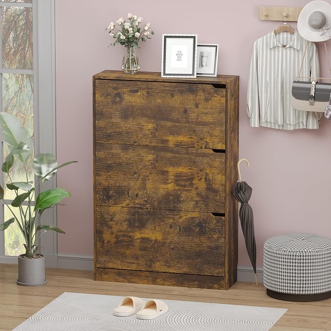 BORNOON Shoe Cabinet with 3 Flip Drawers, Hidden Wood Shoe Cabinet,Freestanding Shoe Storage Cabinet for Entryway Hallway - Image 3