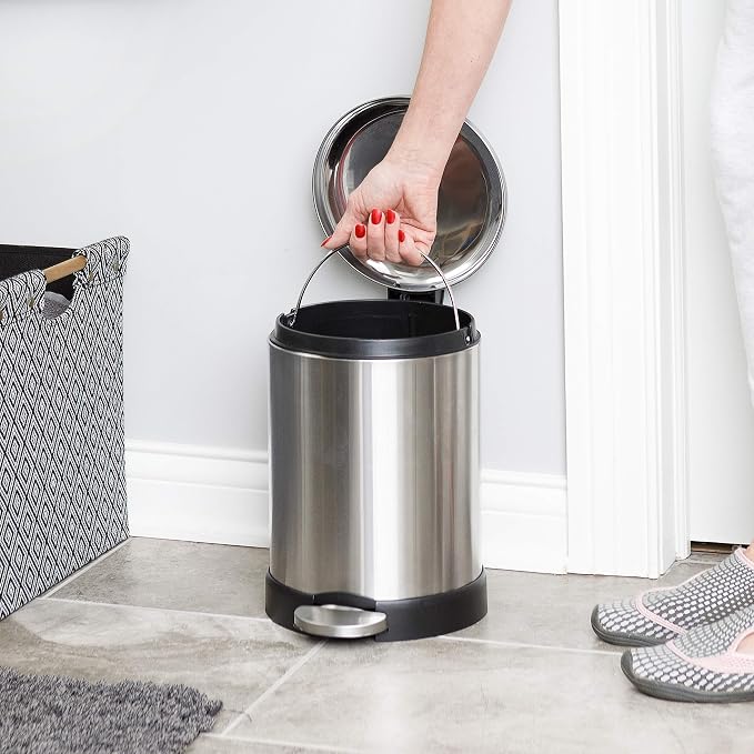 Glad Small Trash Can, 1.2 Gallon | Round Stainless Steel Garbage Bin with Soft Close Lid & Step Foot Pedal | Metal Waste Basket with Removable Inner Bucket, Stainless, 8 x 9.5 x 12 inches - Image 5