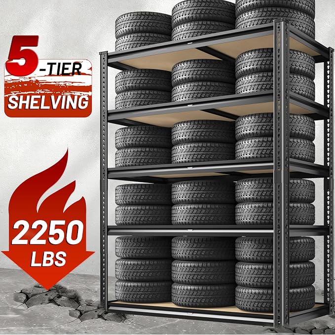 ROOMFAVE 2250LBS Storage Shelves Heavy Duty 5 Tier Garage Storage Shelving, Adjustable Metal Shelving Unit Utility Rack Shelf for Warehouse, Pantry, Closet, 72" H x 35.56" W x 16" D, Black.2PCS - Image 5