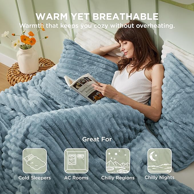 Bedsure King Comforter - GentleSoft™ 3 Pieces Double-Side Fleece Fluffy Mineral Blue Comforter Set, Cozy Striped Room Decor Aesthetic, Luxury King Size Bedding with 2 Pillowcases, 104x90 Inches