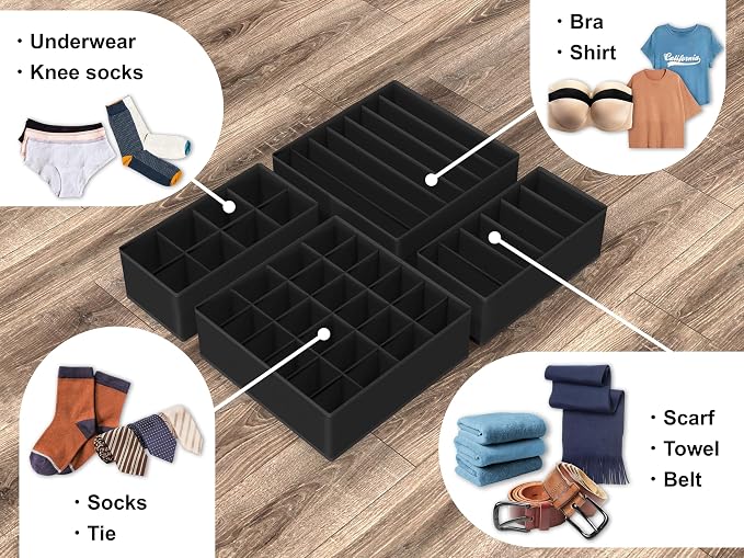 Simple Houseware 4-Pack Drawer Organizer Set - Closet Dividers for Underwear, Socks, Bras, Scarves, Ties - Foldable Non-Woven Storage Boxes, Black - Image 4
