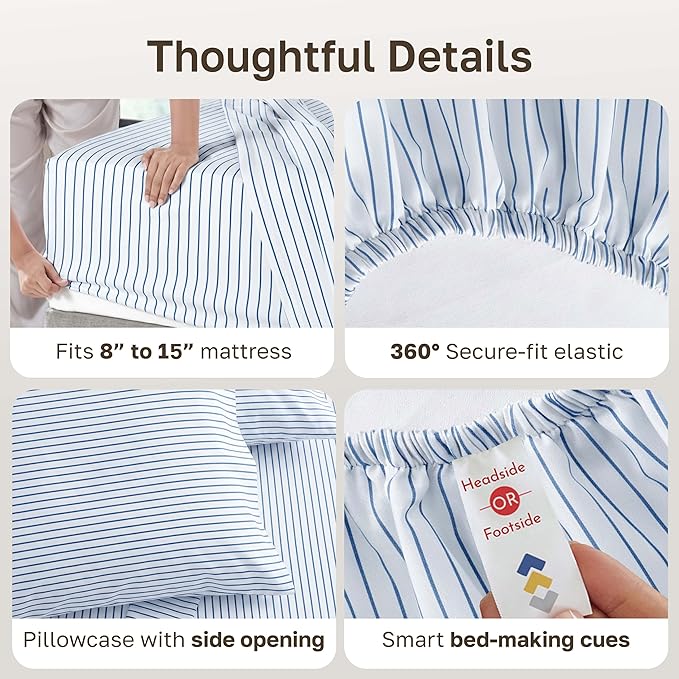 California Design Den Printed Striped Twin XL Sheets Set - 600 Thread Count, 100% Cotton Sateen, Premium Deep Pocket Extra Long Twin Sheets - Classic Blue Stripe Print